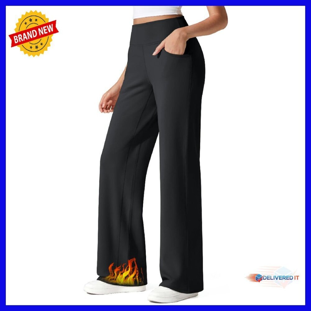 Fleece Lined Wide Leg Sweatpants High Waisted Winter Work Trousers